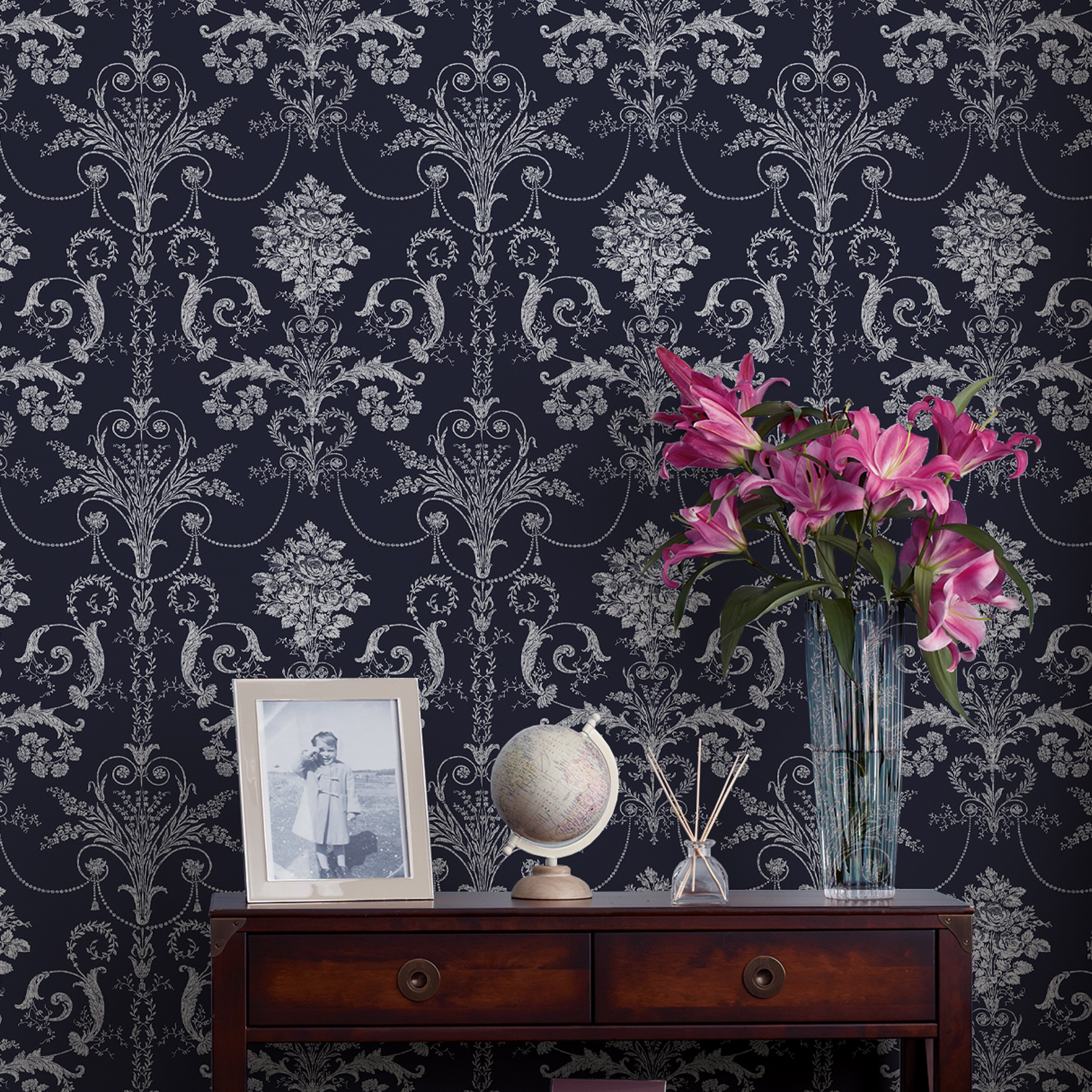 Josette French Toil Damask Midnight Navy Laura Ashley Wallpaper 113386