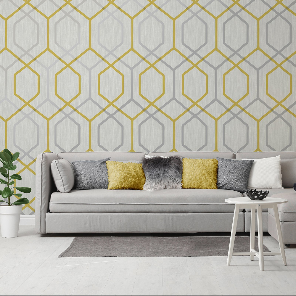 Oria Hex Yellow | Yellow And Grey Geometric Wallpaper | 6734 Oria Hex Yellow | Yellow And Grey Geometric Wallpaper | 6734