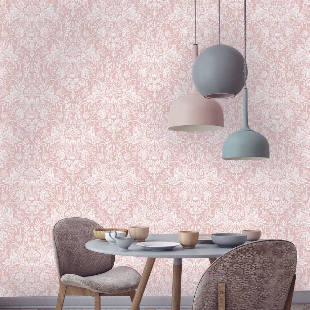 Harlen Woodland Damask Dusky Pink William Morris Style Wallpaper 90161