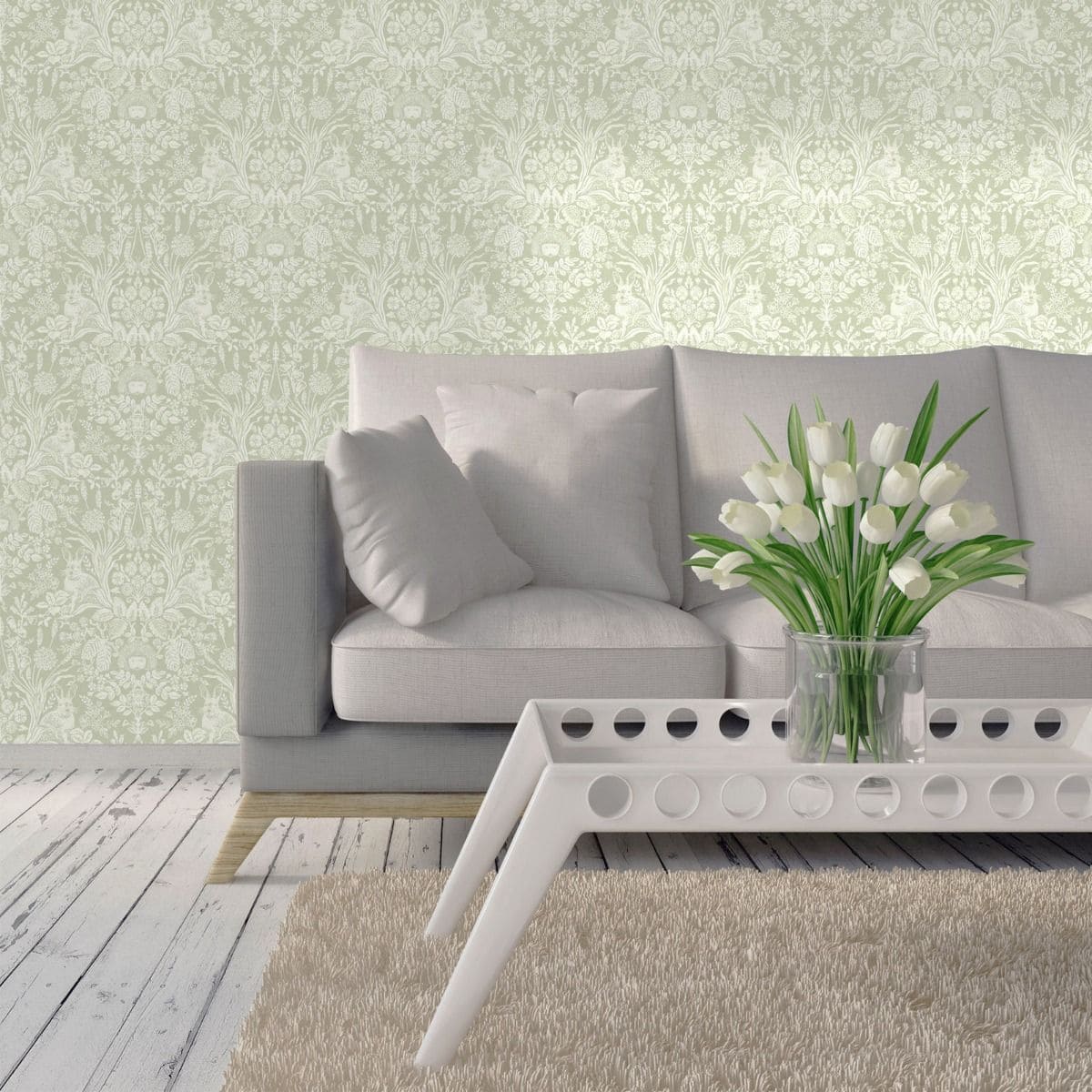 Harlen Woodland Damask Sage Green William Morris Style Wallpaper 90162