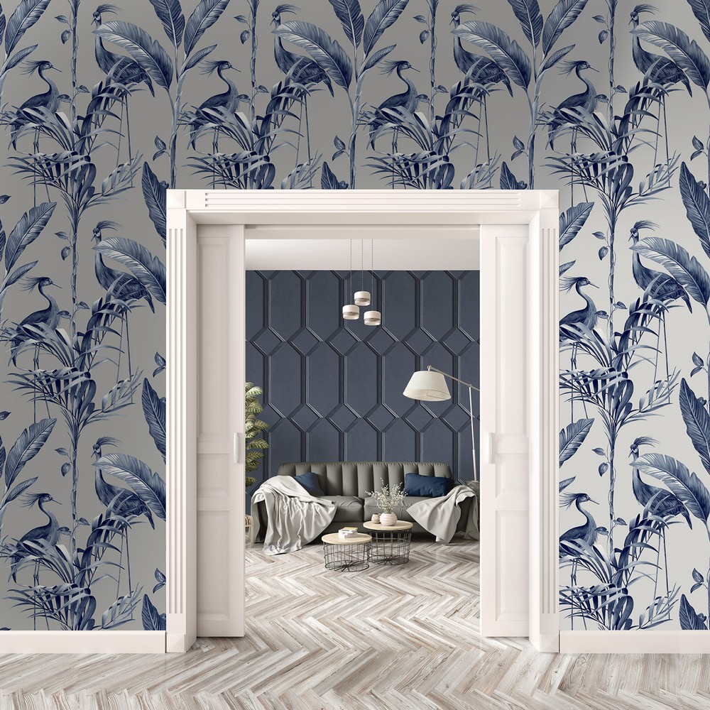 Azzurra Leaf Navy Silver | Navy and Silver Wallpaper | 9506