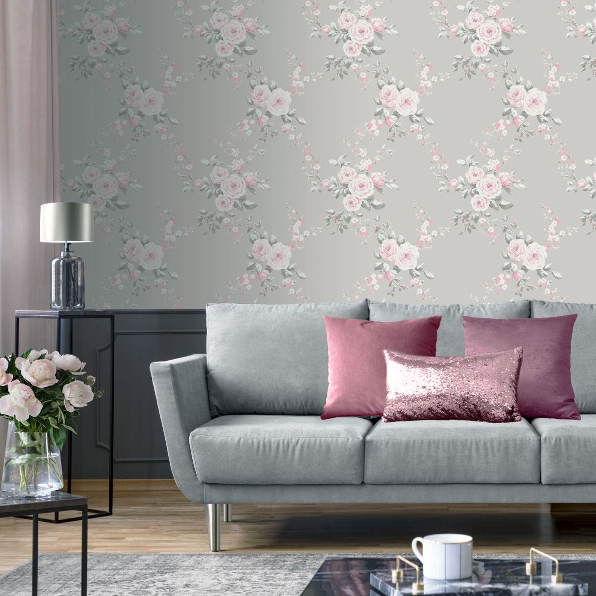 Catherine Lansfield Floral Grey Pink | Catherine lansfield Wallpaper |  165503