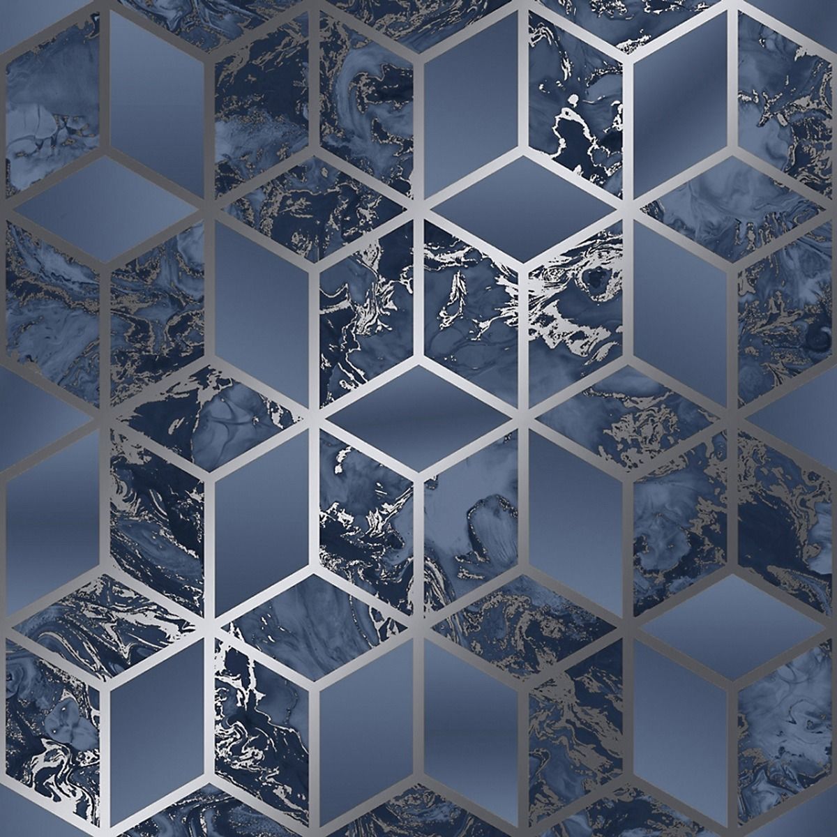 Elixir Cube Blue Silver | Navy Silver Geometric Wallpaper | 166512