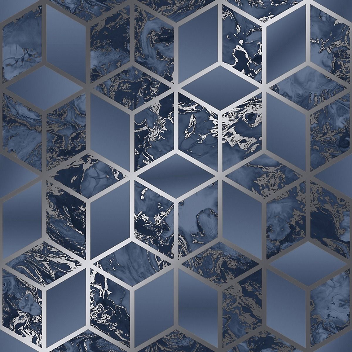 Elixir Cube Blue Silver | Navy Silver Geometric Wallpaper | 166512 Elixir Cube Blue Silver | Navy Silver Geometric Wallpaper | 166512