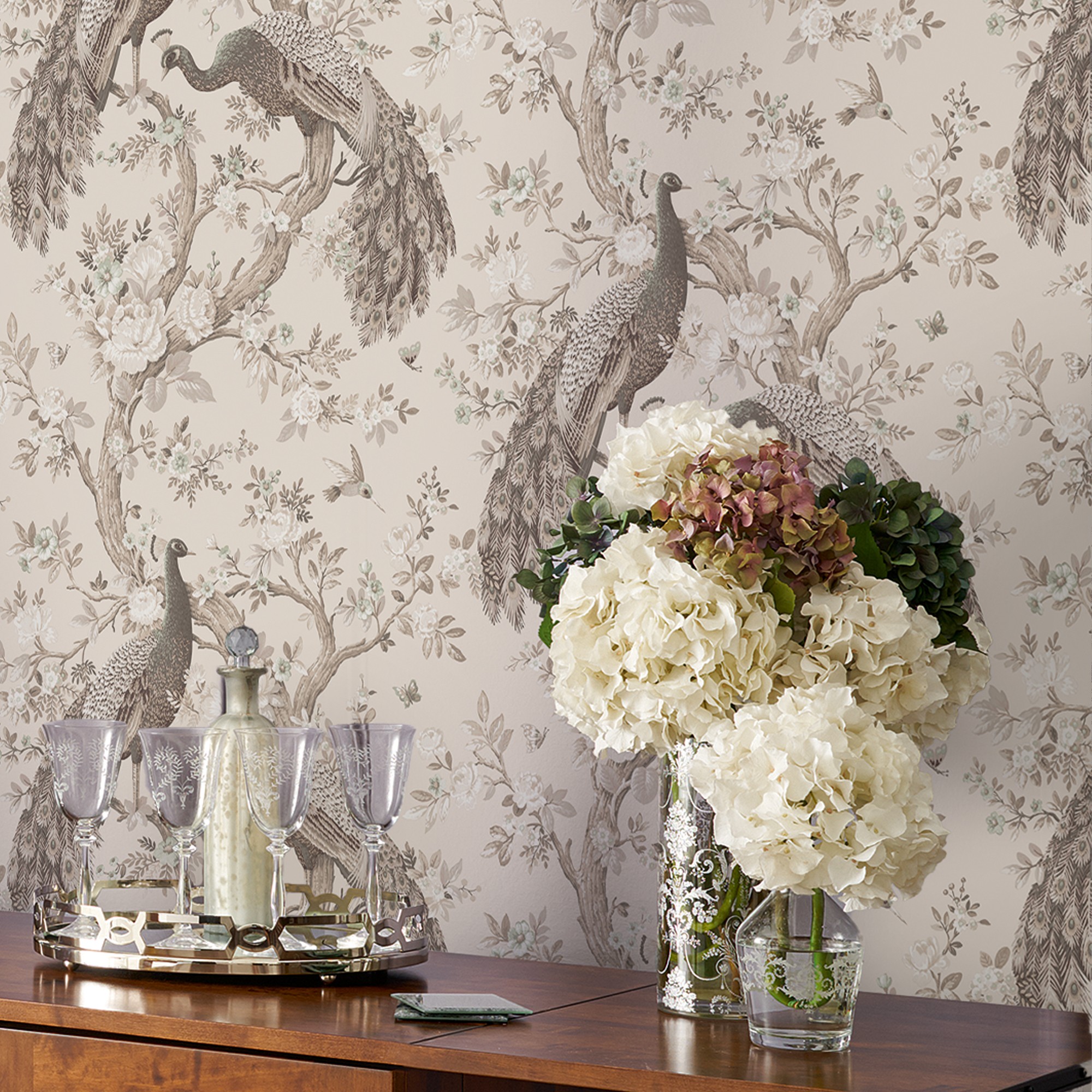 Belvedere Peacocks Soft Truffle Laura Ashley Wallpaper 113399 113399