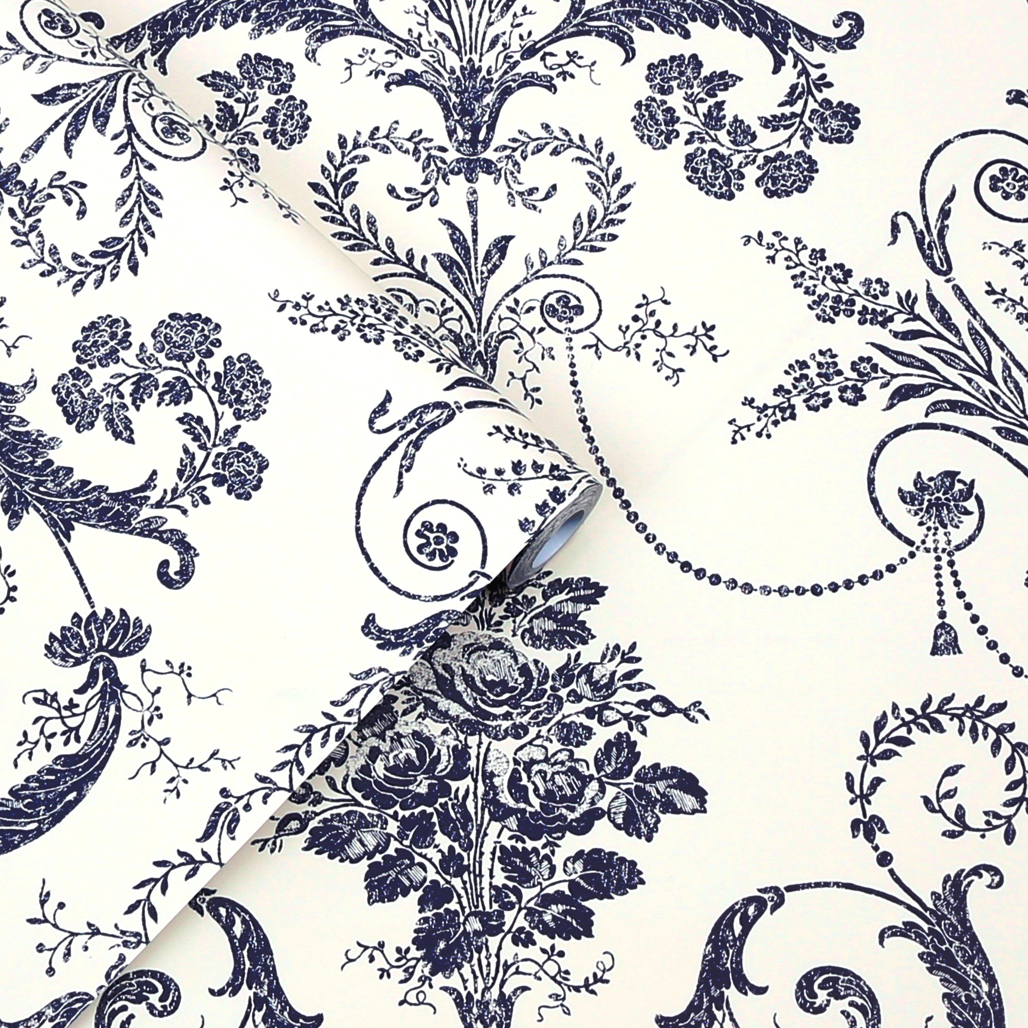 Josette French Toil Damask Off White & Midnight Navy Laura Ashley